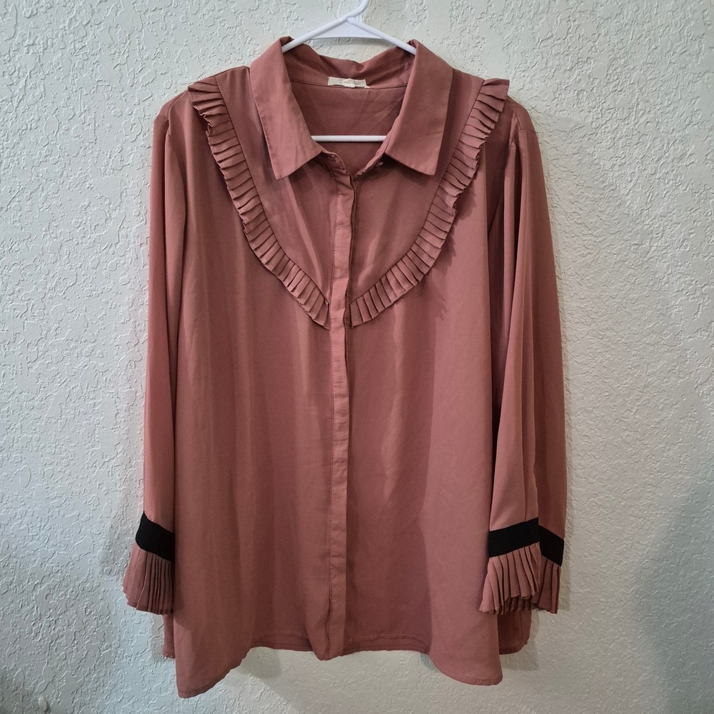 Perch by Blu Pepper Ruffle Pleated Blouse 3XL Mauve Pink Victorian Coquette